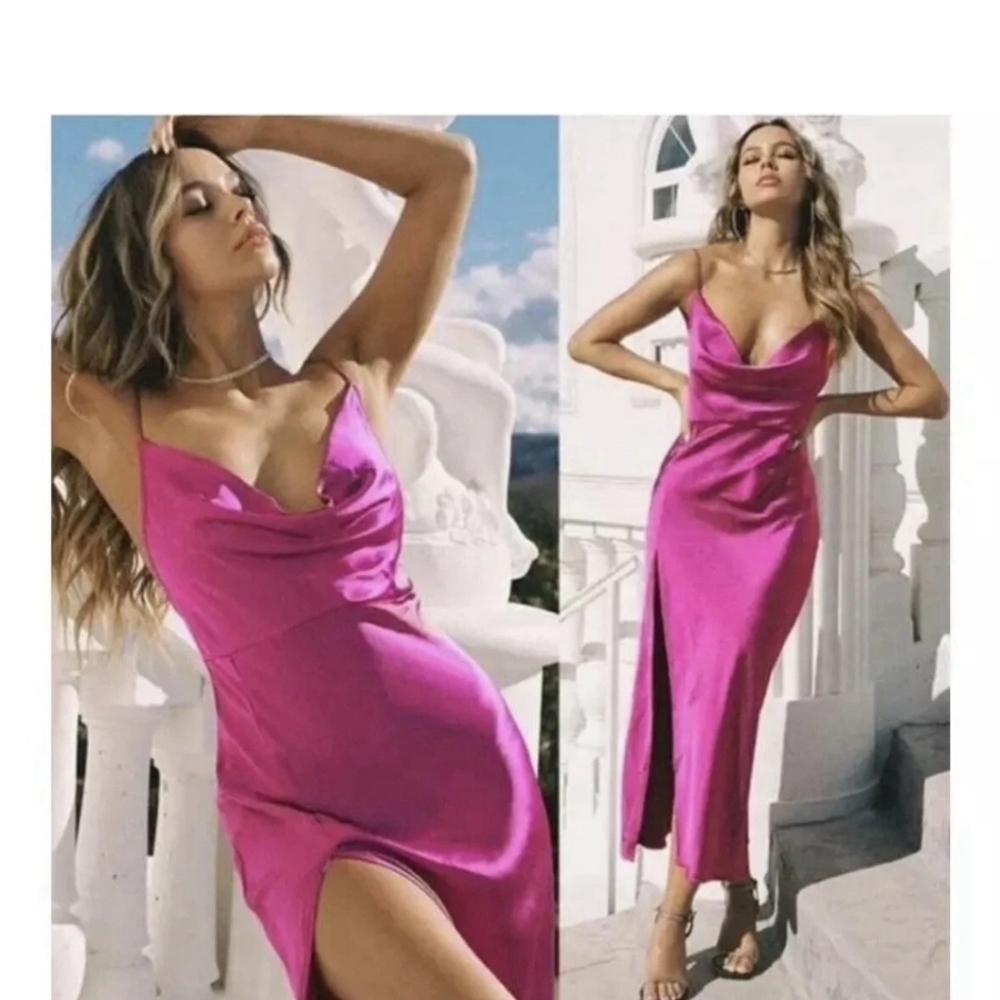 Lioness walk the line Pink midi Satin Slip Dress S